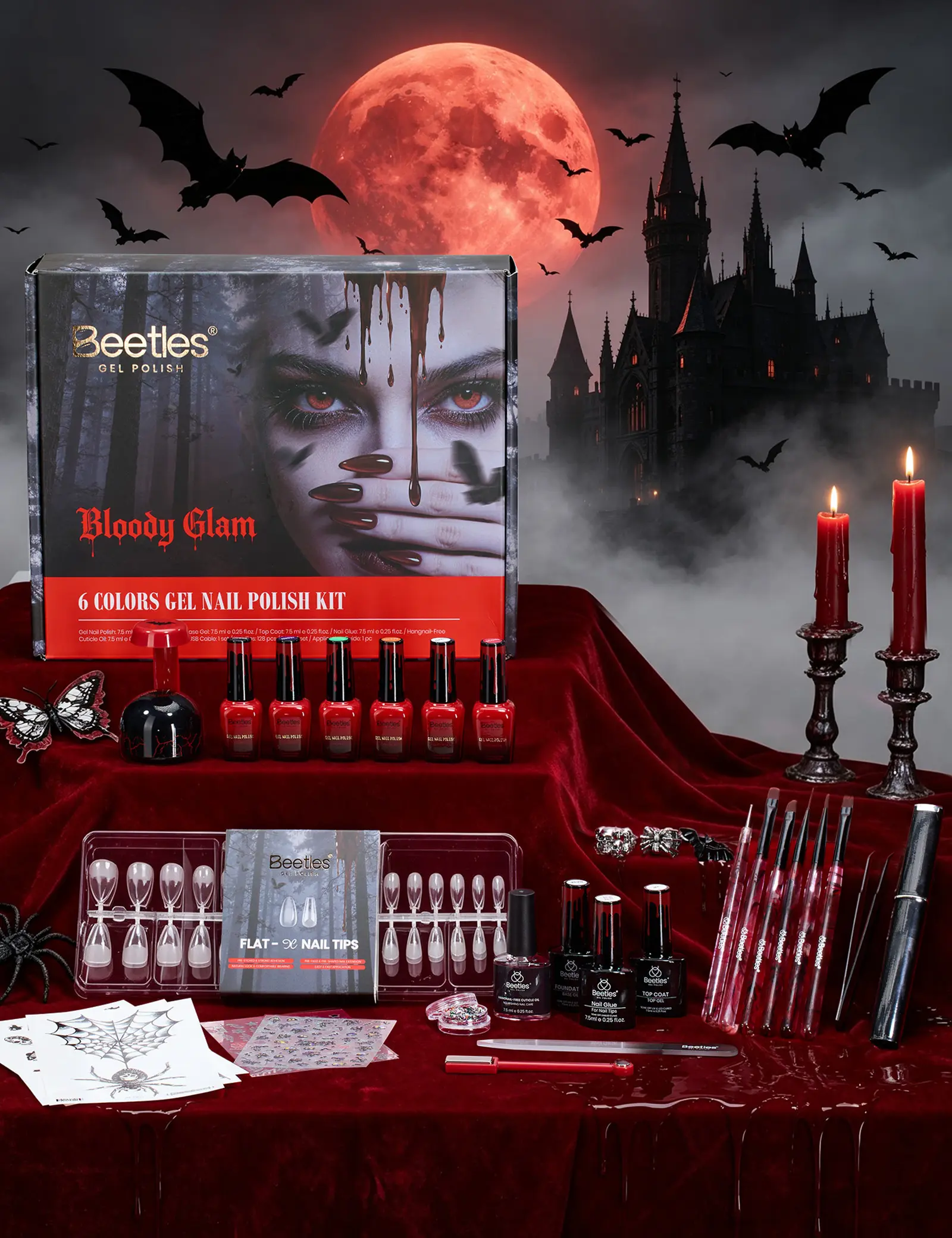 Beetles Halloween Durable Gel Nail Polish Kit - 6-Color Bloody Glam Set with Mini UV Light, Nail Tips, Gothic Stickers, Rings, Manicure Tools for Moisture Lock, Peeling Prevention, Halloween Gifts
