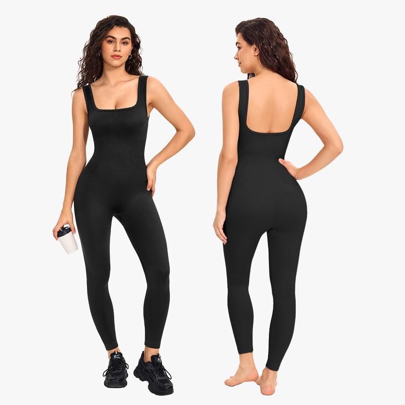 Nebility Women's High Elasticity Breathable Fabric Long Sleeve Yoga Jumpsuits Ribbed Design for Workout Leg Shape Ornament One Piece Activewear Clothing Athletic Training Apparel