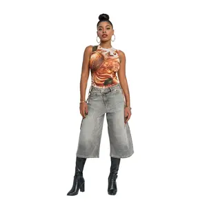 Asymmetric Wide Leg Jort - Slate Wash