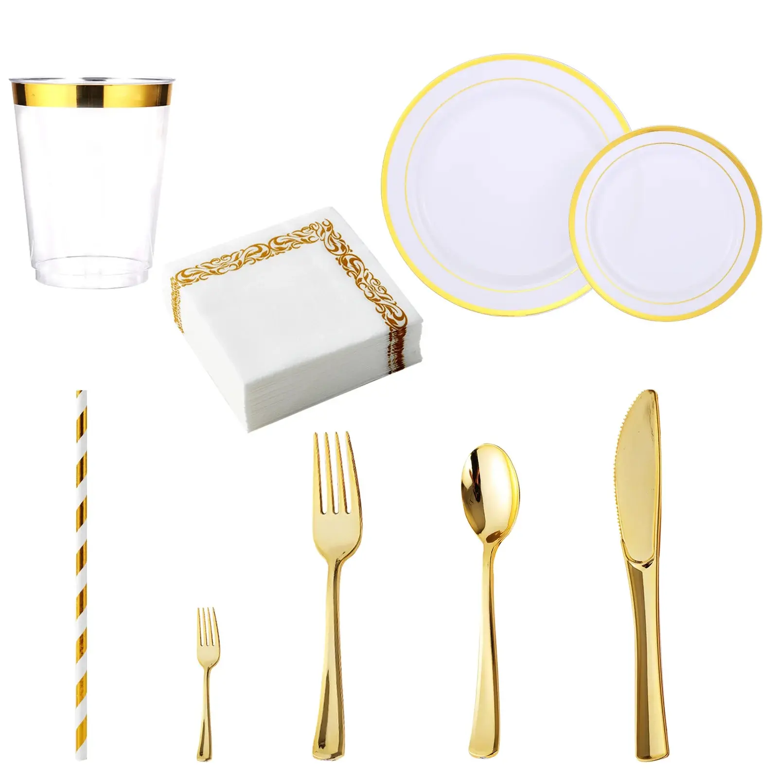 Gold/Silver/Rose 250pc 25set Disposable Plates and Tableware Set: Dinner Plates,Dessert Plates,Cups,Napkins,Knife,Forks,Spoons-Perfect for Party Reusable BPA Free Reusable Clear