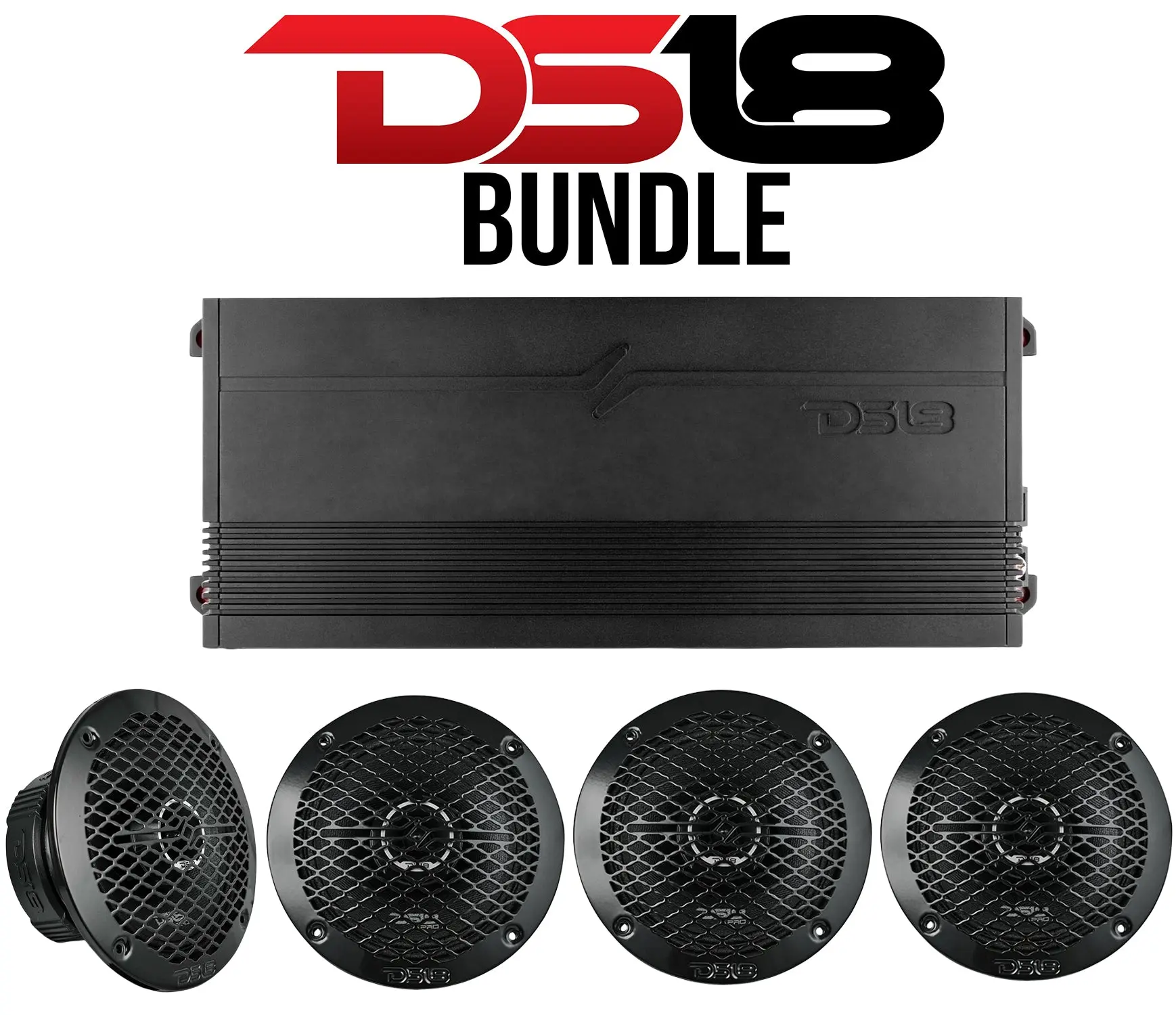 DS18 High-Power Pre-Bundled Car Audio Kit for Car Stereo Upgrade - 4-Channel 300W RMS G3600.4D Amp, 4x 6.5in 225W RMS Full-Range Coaxial Speakers with Bullet Tweeters, Steel Basket, Sound Amplification