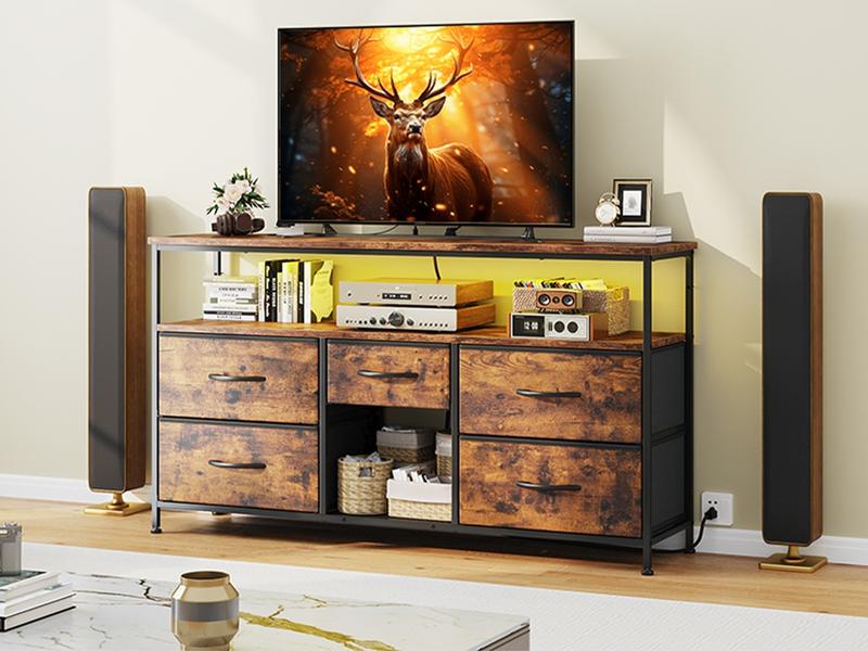 【Storage  LED TV Stand】 Raybee 5 Drawers Dresser & TV Stand for Living Room,Dresser for Bedroom Chest of 5 Drawers Cabinet TV Stand with LED Lights Entertainment Table with Built-in Power Outlets USB Ports for Hallway,43''W × 12''D × 31‘’H