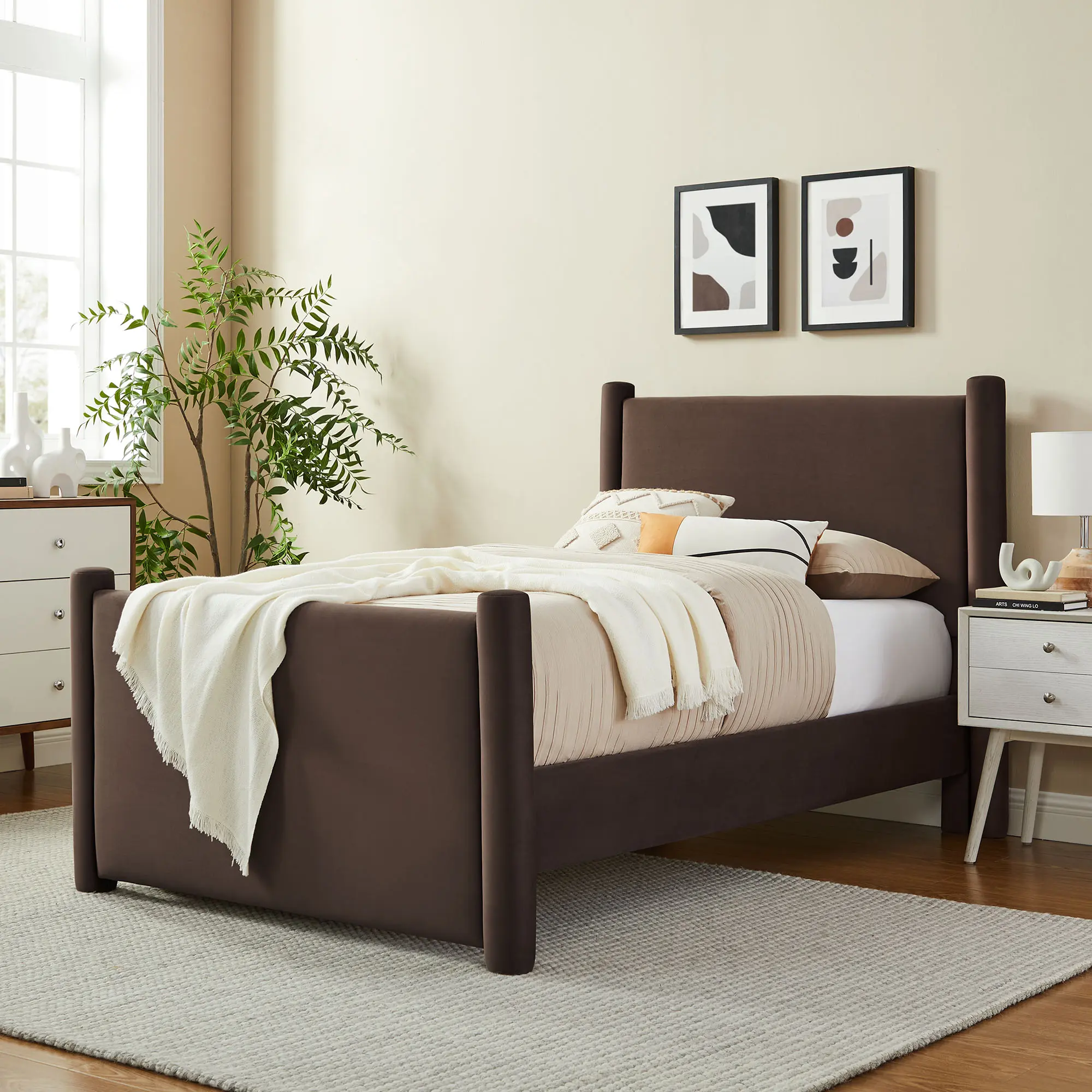 Modway Rael Performance Velvet Twin Modern Sturdy Upholstered Soft Frame Platform Bed, Chocolate Brown, Modern Platform Bed, Sturdy Platform Bed