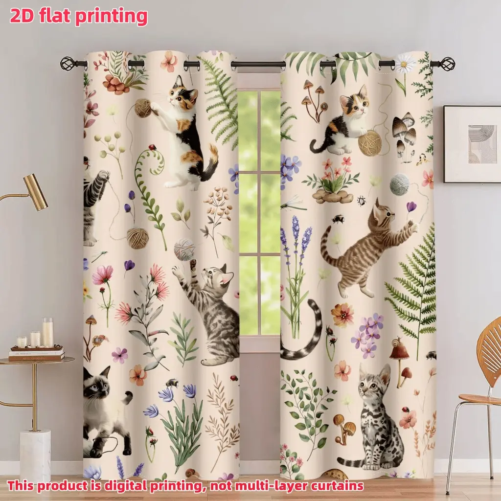 2D Flat 2Pcs Cartoon Kitten Playing Yarn Curtain Panel, Cute Cat and Wildflower Print Semi-Shading Polyester Curtains for Living Room, Bedroom, Kitchen, Office, Farmhouse Window Decoration, Accessory, Anti-Privacy.