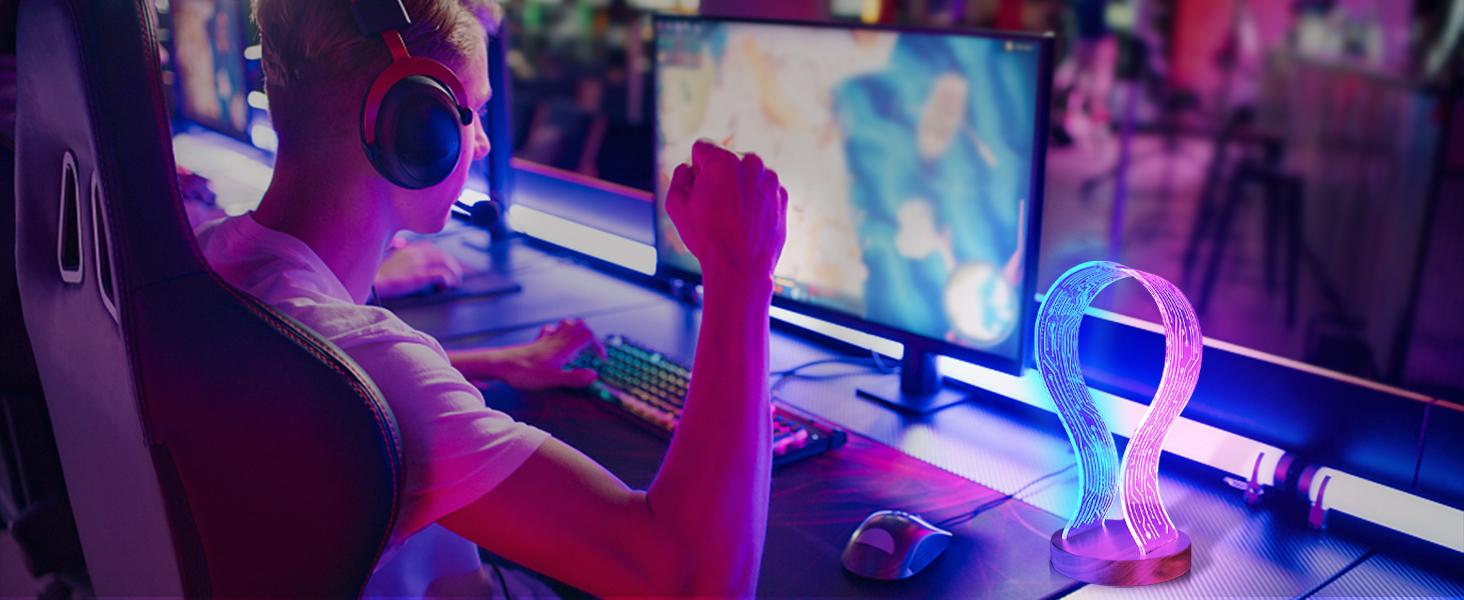 Walnut Wood Headphone Stand with Blue Pink LED Night Light – Perfect Birthday, Valentine’s Day & Christmas Gift for Gamers, Men, and Music Lovers