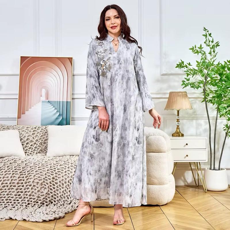 Luxury Marble-Style Abaya Dress | Loose Fit, Rhinestone Detail, Modest Long Sleeve