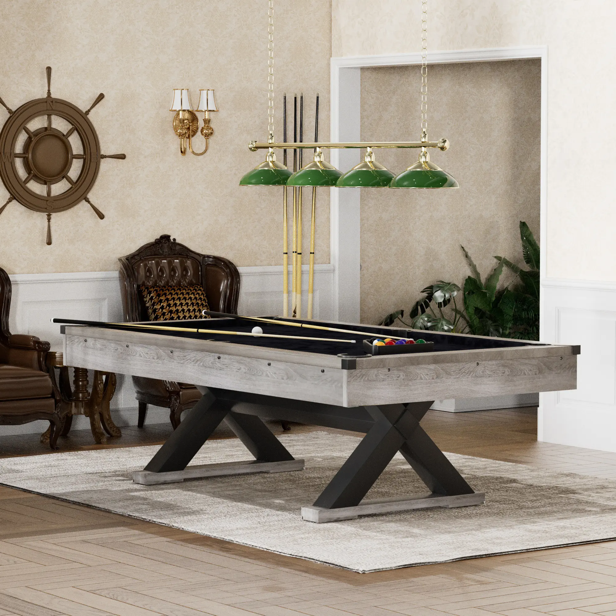 Fahuac 84-Inch High Performance Rustic Industrial MDF Pool Table with Sturdy and Durable Unique X-Shaped Leg Design, Complete Set for Game Room, Living Room Use with Friends