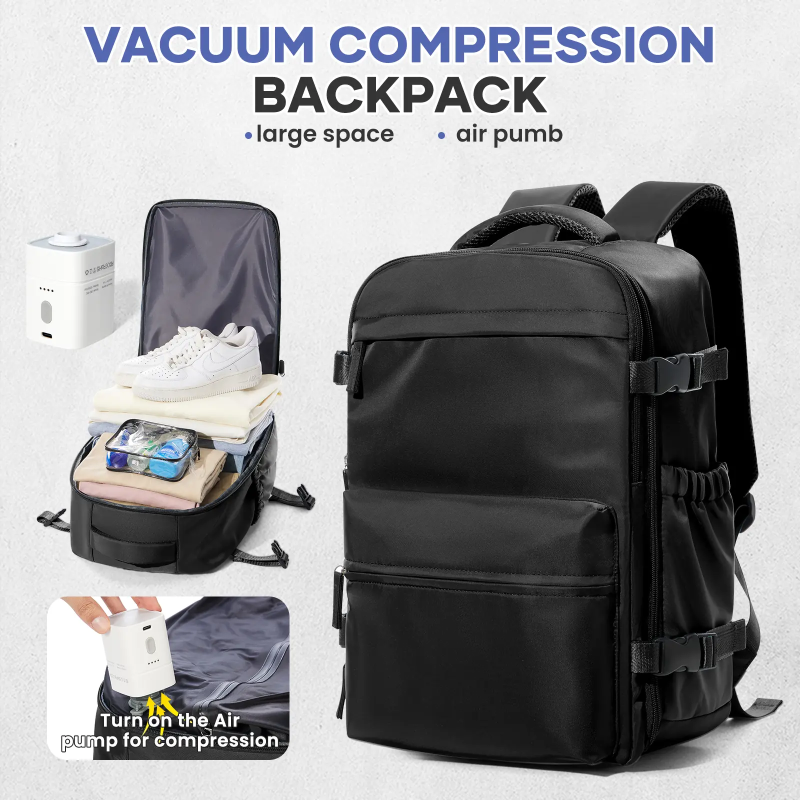 Vacuum-sealed travel backpack (with pump); carry-on travel backpack for air flights; unisex (for men and women); equipped with a vacuum system; vacuum travel backpack laptop backpack,backpacks for school,cute backpacks for school,bookbag,school backpack