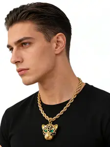 Gold Rope Chain Necklace with Leopard Pendant, Twisted Chain, Green Crystal Eyes, Adjustable Clasp