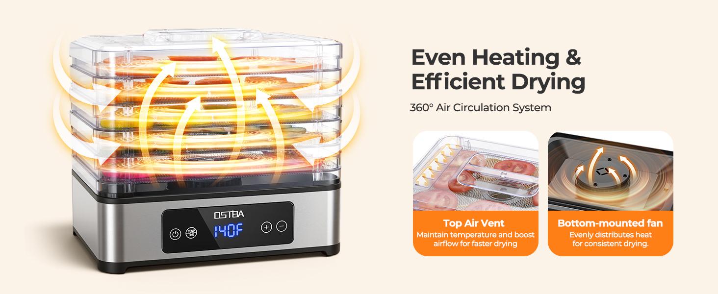 OSTBA Food Dehydrator, 5 Stainless Steel Trays, 400W Powerful Drying, 48H Timer & 95–160°F Temp Control, Quiet Small Dryer for Jerky, Fruits, Herbs, Mushrooms, BPA-Free, Recipes Included
