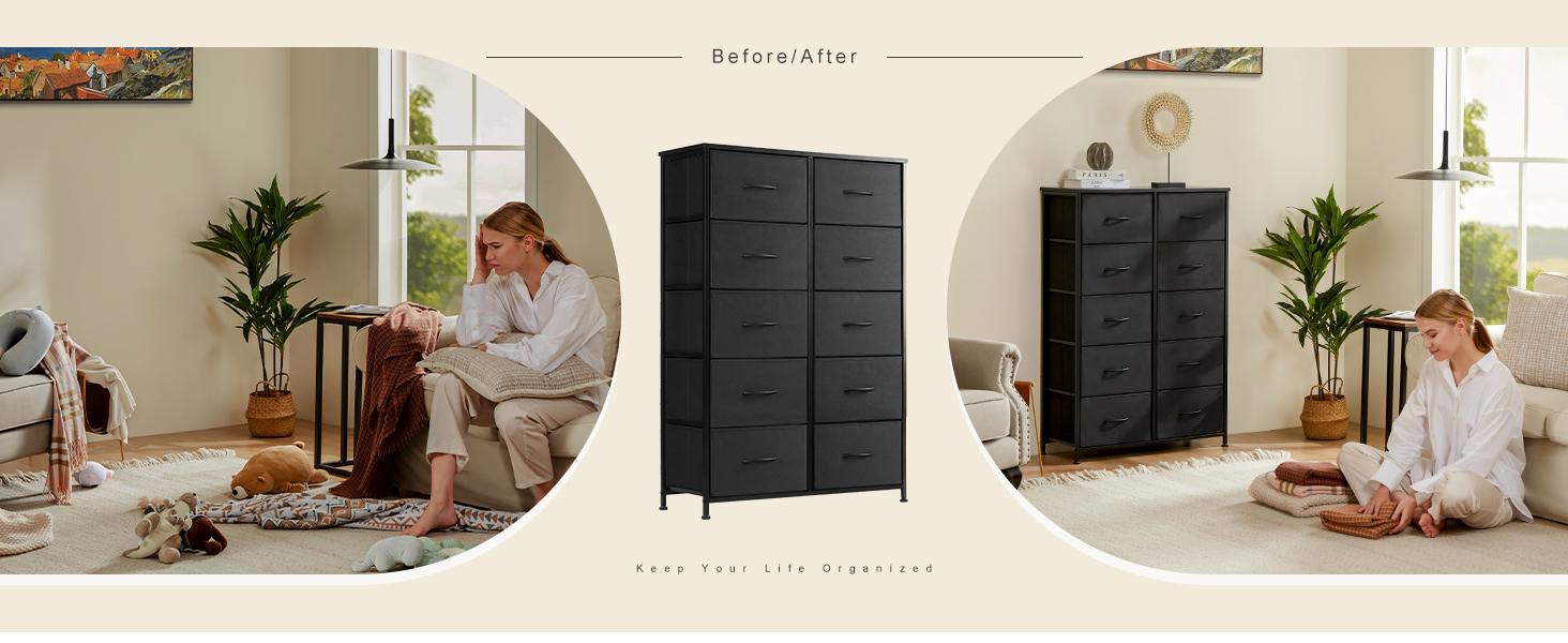 Sweet Furniture F Dresser - Fabric Storage Tower with 10 Drawers, Bedroom Drawer Dresser Organizer, Chest of Drawers with Fabric Bins, Steel Frame and Wood Top for Bedroom, Closet, Entryway Assembled