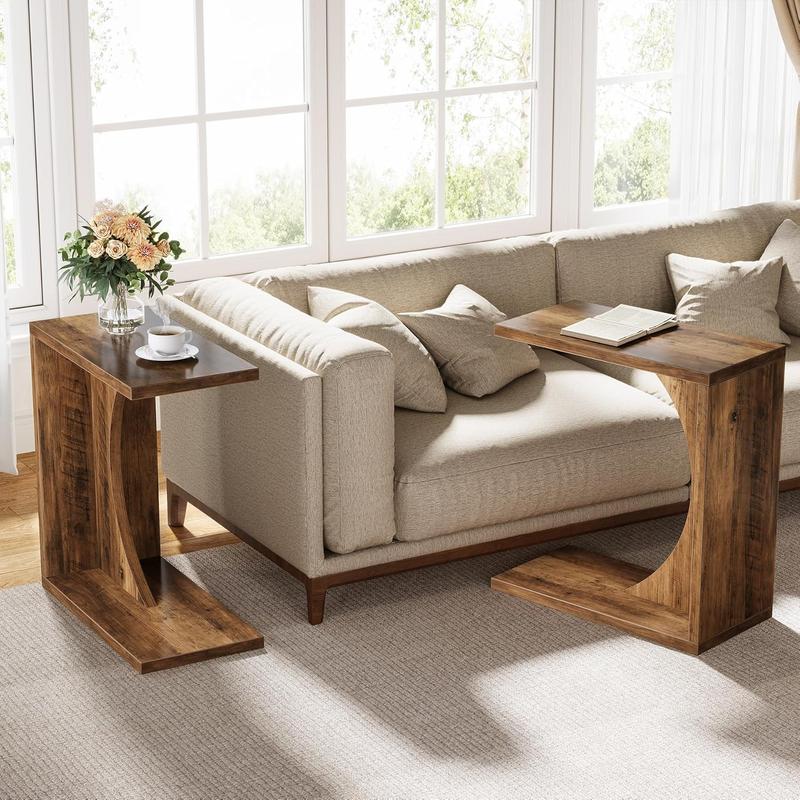 LITTLE TREE C-Shaped End Table, C Table for Sofa, Small Over Couch Tray, Side Table for Living Room, Bedroom, Rustic Brown (Only 1 PC)