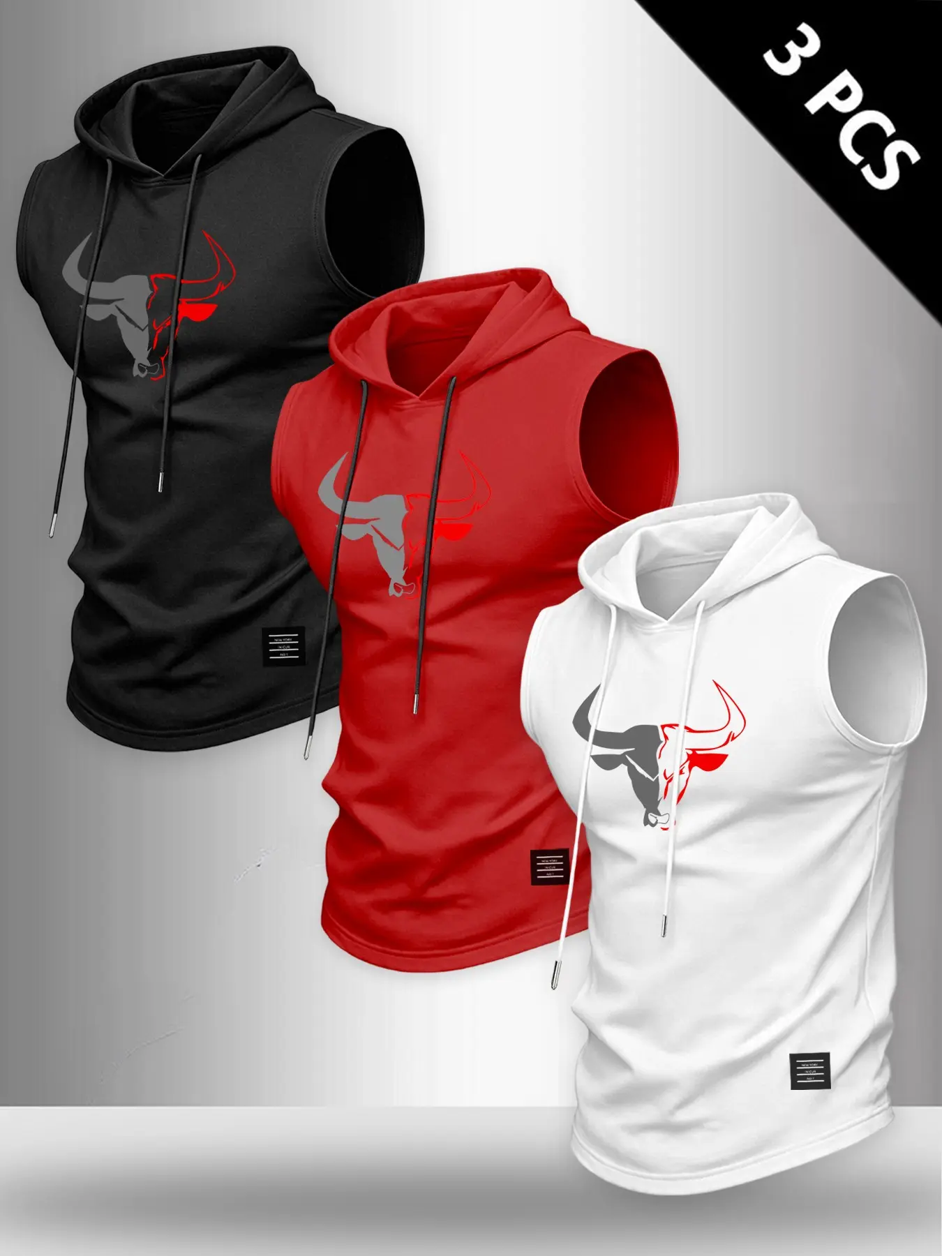 3-Pack Men's Breathable Bull Head Print Sleeveless Hooded Sports Tank Tops, Casual Summer Workout Sleeveless Activewear Tops for Fitness & Daily Wear