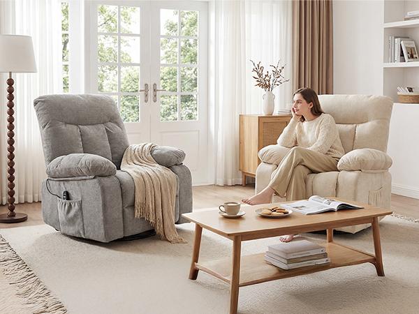 Rocker Recliner Chair, Swivel Recliner with Vibration Massage & Lumbar Heating, 270° Rotating Chenille Fabric Recliner with footrest for Living Room & Bedroom