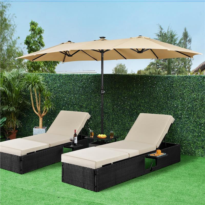 HOOOWOOO 15FT Large Double-Sided Patio Umbrella with Solar Led lights & Base Waterproof Durable Adjustable Lighted for Garden Deck Backyard Pool Beach Canopy Shade