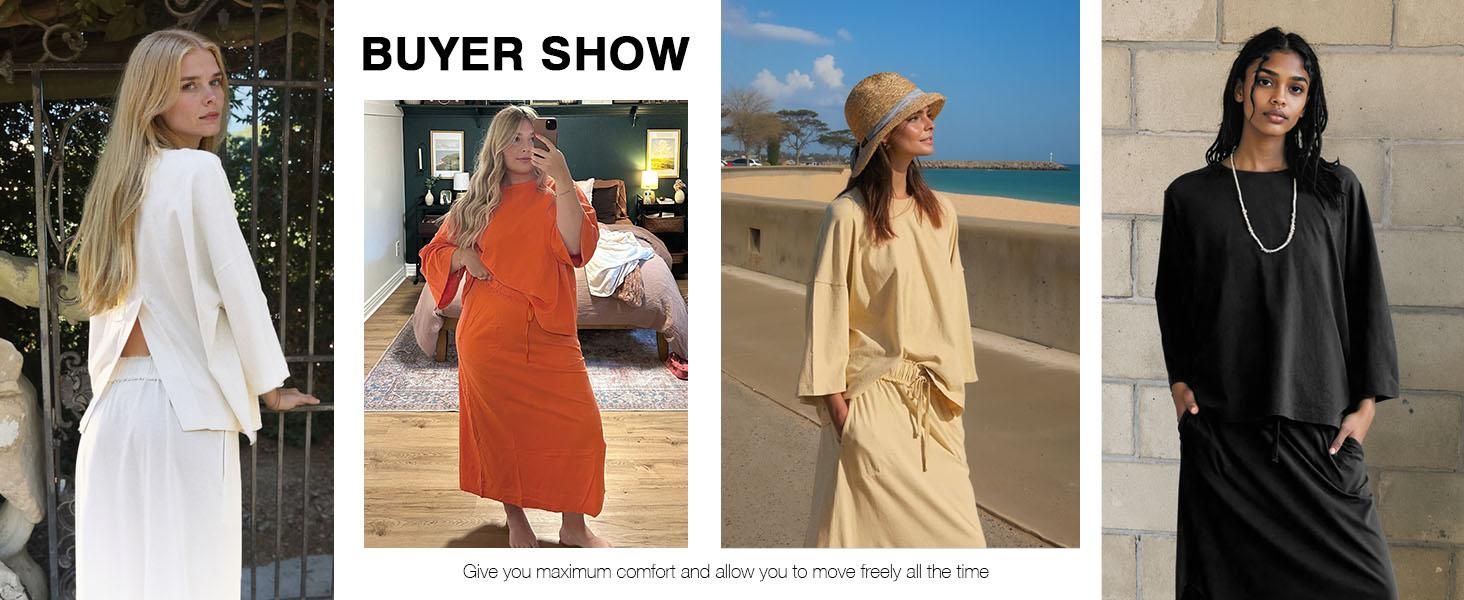 Ommig Womens 2 Piece Outfits Spring& Summer Skirt Sets Oversized 3/4 Sleeve Top and Maxi Skirt with pockets Vacation Matching Lounge Set