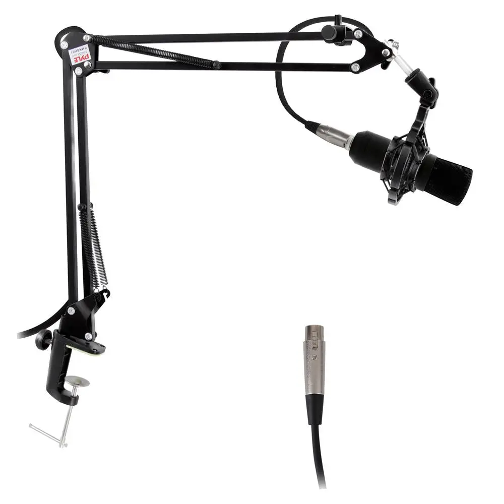 Adjustable Mic Boom Arm Stand | Quick Setup Steel Alloy Desktop Microphone Stand with Shock Mount, XLR Connection Cable & Microphone Clips - Portable Universal Mic Stand for Podcast, Studio Recording, Karaoke & Live Performance Use