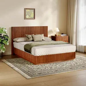 Queen Size Bed Frame, Modern Wooden Corrugated Curved Lines, Convex Groove Board Design, Walnut.