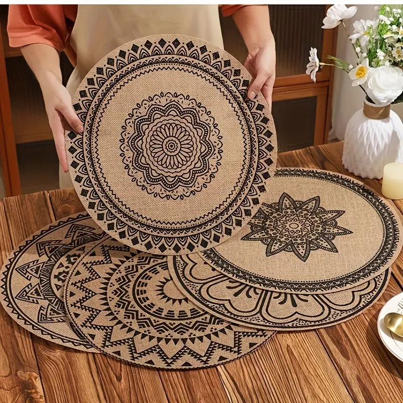 Bohemian Jute Print Table Placemats Set of 6, 15in Round Black Linen Boho Placemats, Recyclable Machine Washable Low Fuss PS Home Supplies for Christmas Decor, Compact Storage French Country Style, Fabric