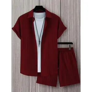 Two piece men's suit, regular fit solid color button up shirt and drawstring waist shorts, back to school outfit, beach vacation casual bohemian summer outfit, outdoor Christmas gift