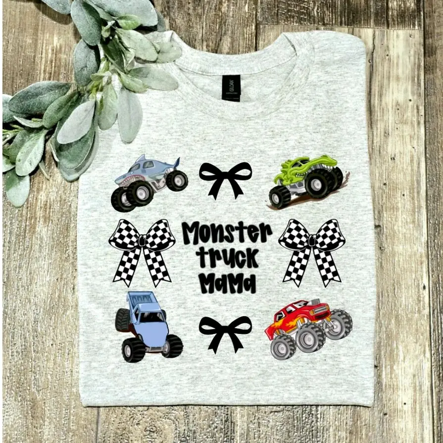 mom shirt monster truck mama coquette bows boy mom cute Short Sleeve tshirt