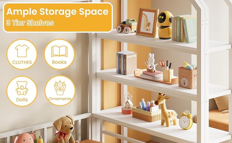 LIKIMIO Twin Bed Frame with Storage, Floor Metal House Bed with Fence Guardrails, No Box Spring Needed, Space Saving for Bedroom and Dorm, Easy Assembly