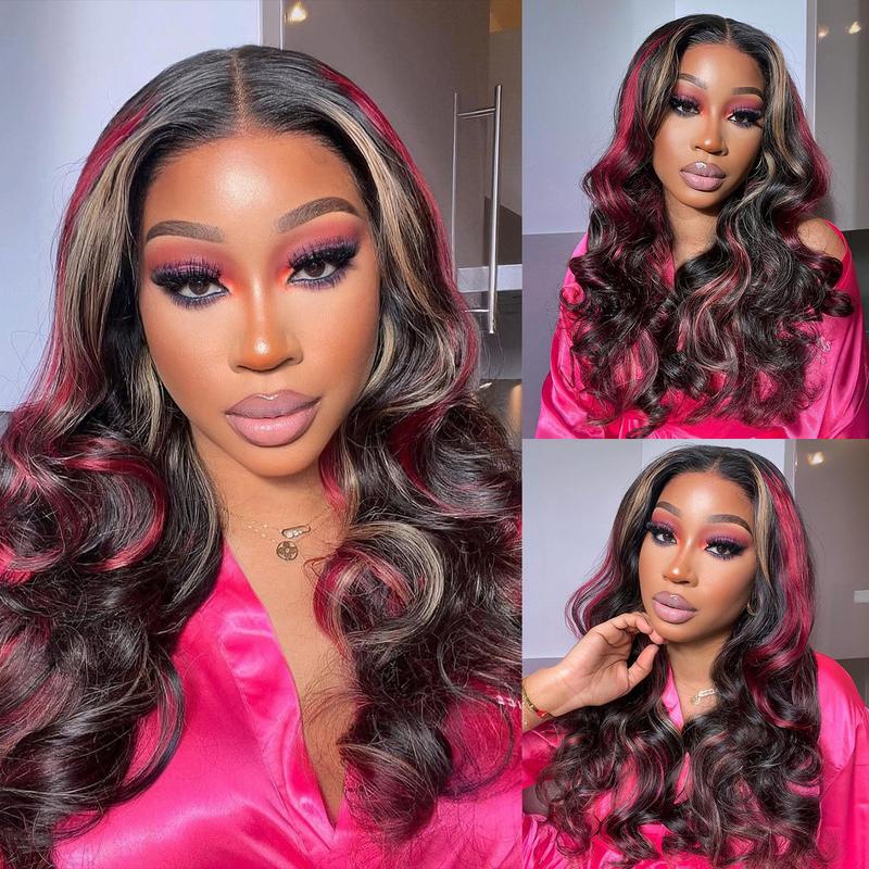 180 Density 13x4 HD body Wave Human Hair Wigs Highlights Red with Blonde Stripe Lace Frontal Wig Pre Plucked 32inch Lace Front Remy Hair Wig
