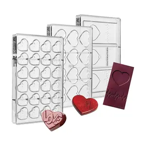 Greyas Luis Amado Set of 3 Clear Polycarbonate Chocolate Molds: One with 24 Love-Heart Cavities, One with 12 Heart Cavities and One with 3 Heartbeat-Bar Cavities