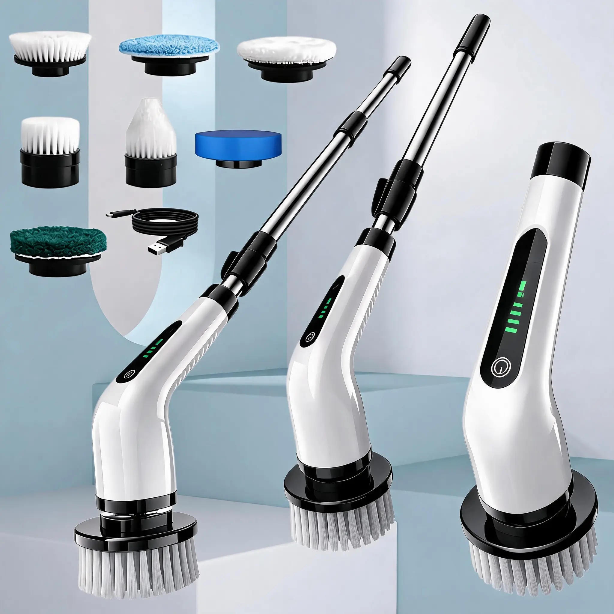 KOLAGAN Wireless Electric Spin Cleaning Brush Set - ABS Body, USB Cable, Battery Level Display, 7 Brushes, 2-Speed Adjustable, Detachable Telescopic Handle, Compact Handheld Use, Multiple Components, No Cords Needed, Suitable for Kitchen, Garage
