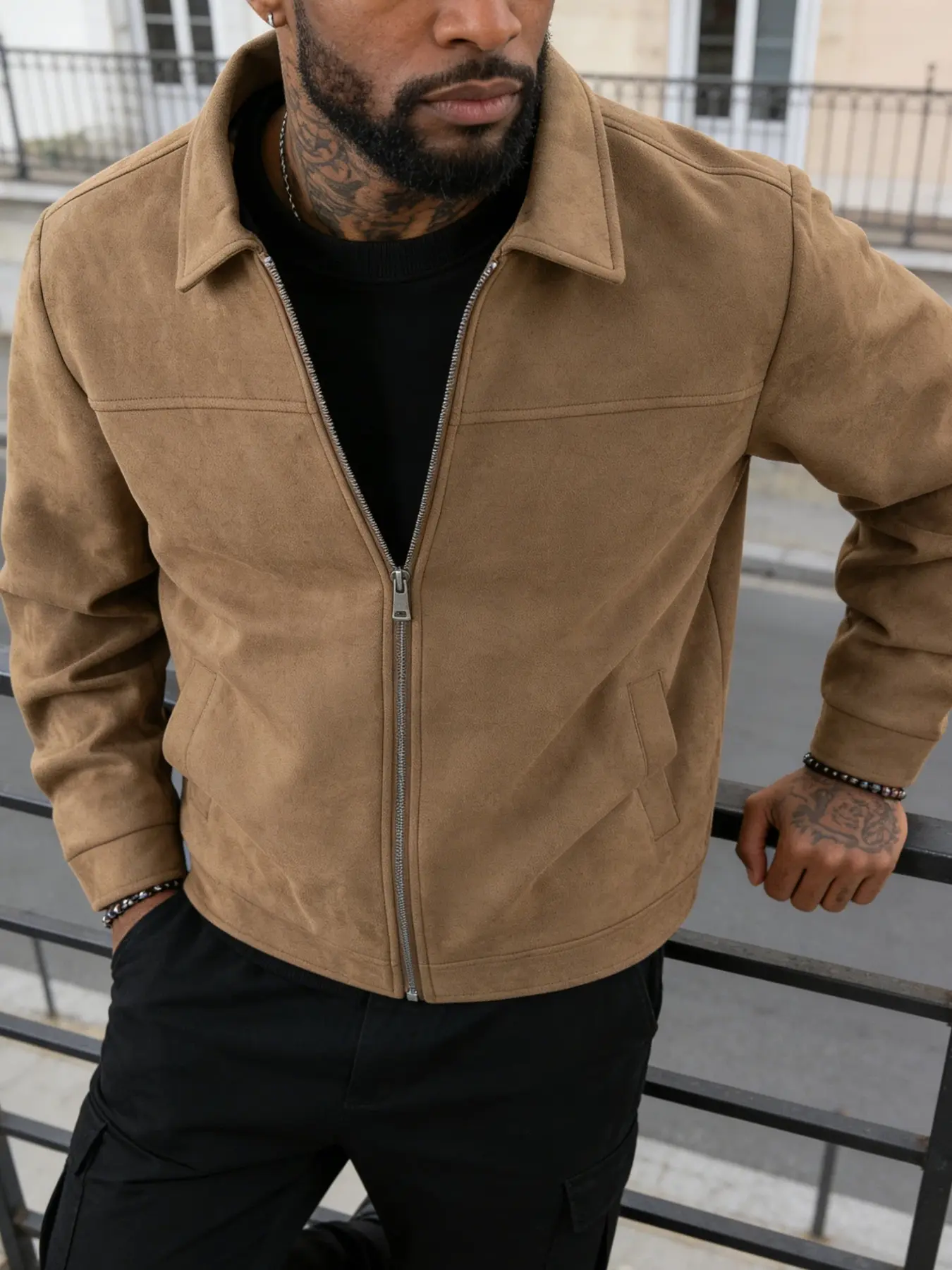 Men's Casual Stand Collar Jacket, Zipper Closure, Faux Suede Velvet Coat, Easy Care Fabric, Suitable for Daily Life, Work Travel, Spring & Fall