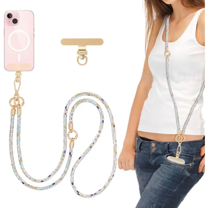Crystal mobile phone strap, crossbody phone strap, cross-body, glitter, anti-theft, layered strap, cross-body, golden metal buckle, mobile phone neck strap, women's style, suitable as a birthday gift or holiday gift, Cell Phone Accessories