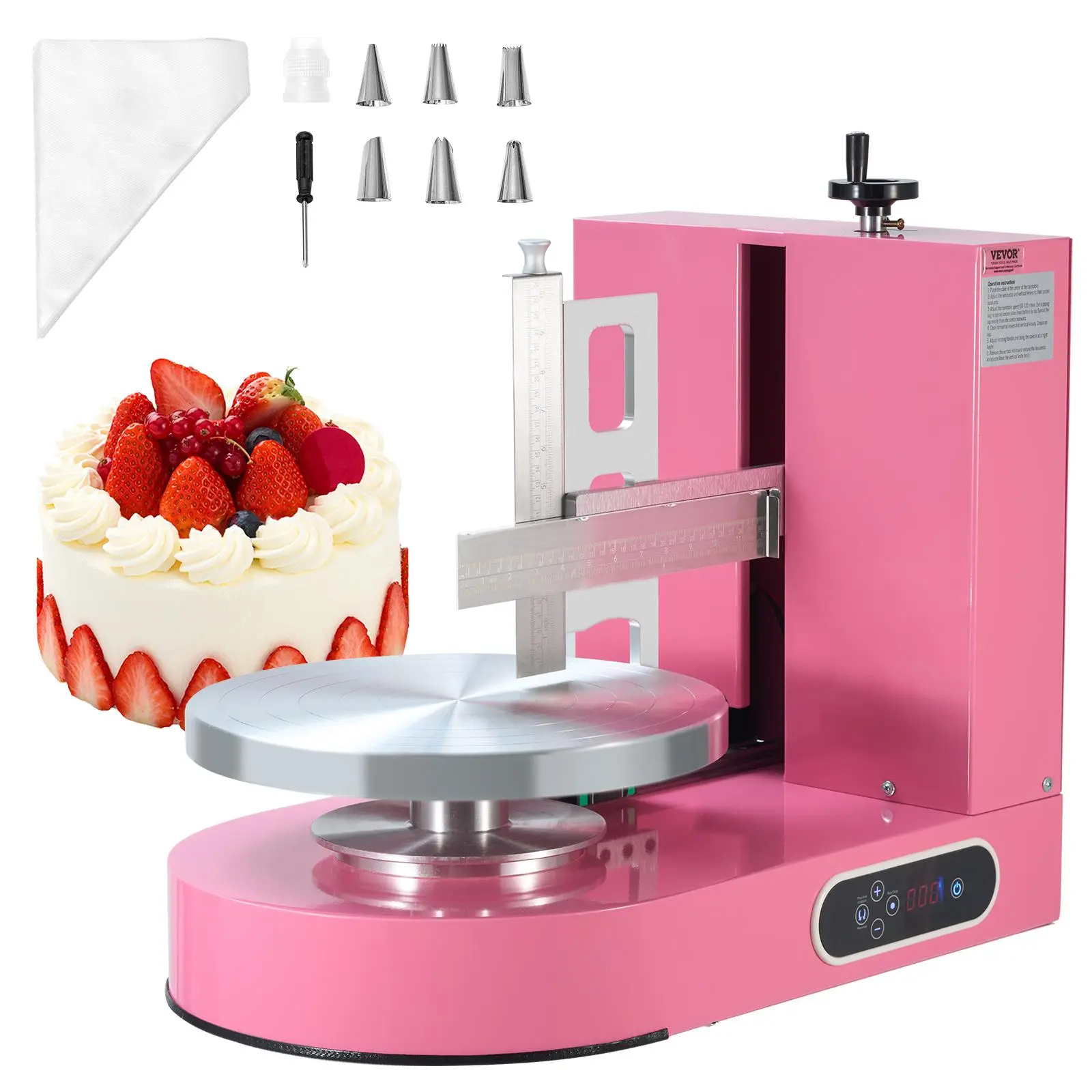 【Backtoschool】VEVOR Cake Decorating Machine, Cake Cream Spreading Coating Smearing Machine, Low Noise Cake Frosting Machine, Turntable with Adjustable Scraper, for 6" to 14" Cake, 25-320RPM Rotating Speed, Pink