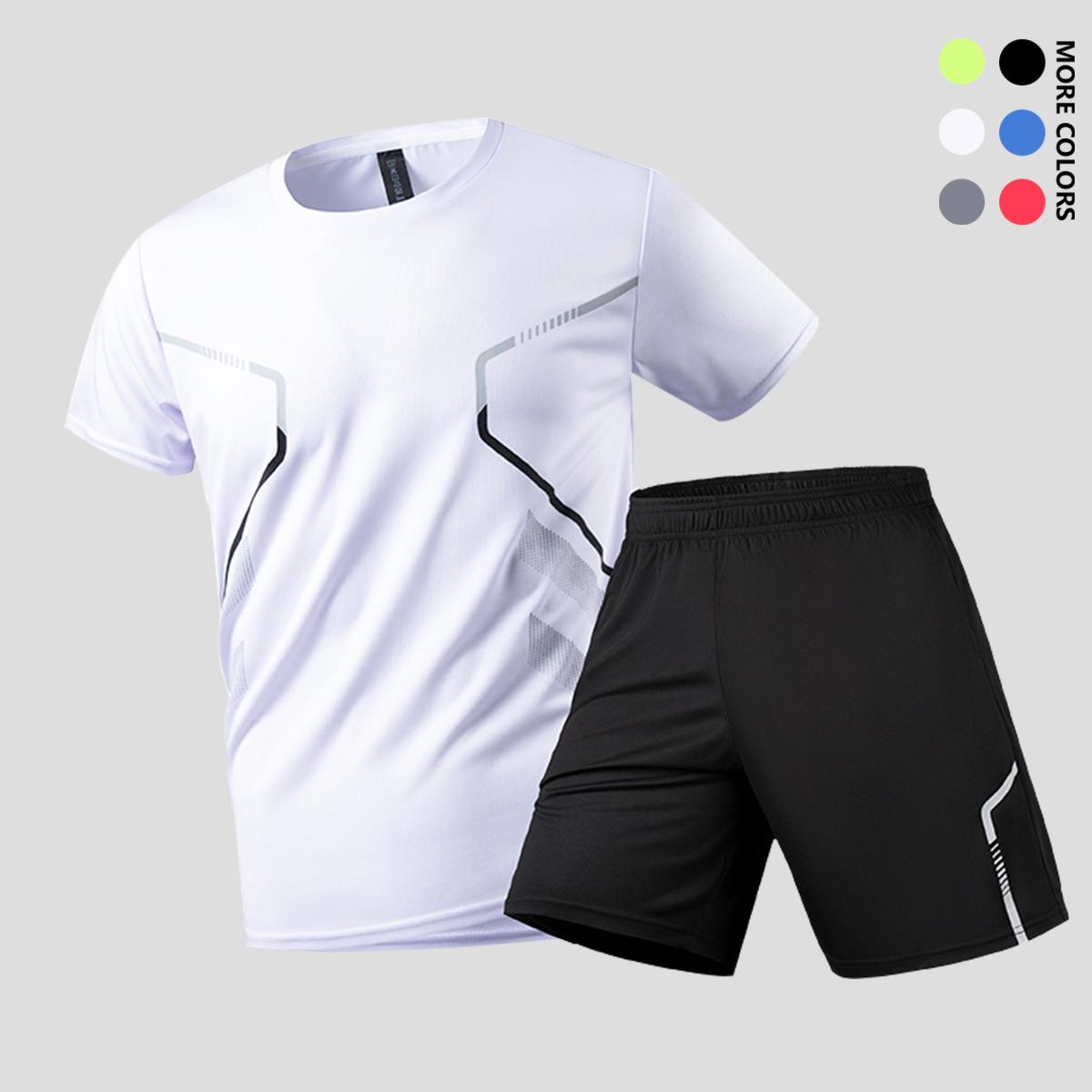 Men's spring/summer two-piece running set made with moisture-wicking, breathable, quick-dry fabric (short-sleeve shirt and shorts).Perfect for gym workouts, outdoor basketball, hiking, and mountain climbing.