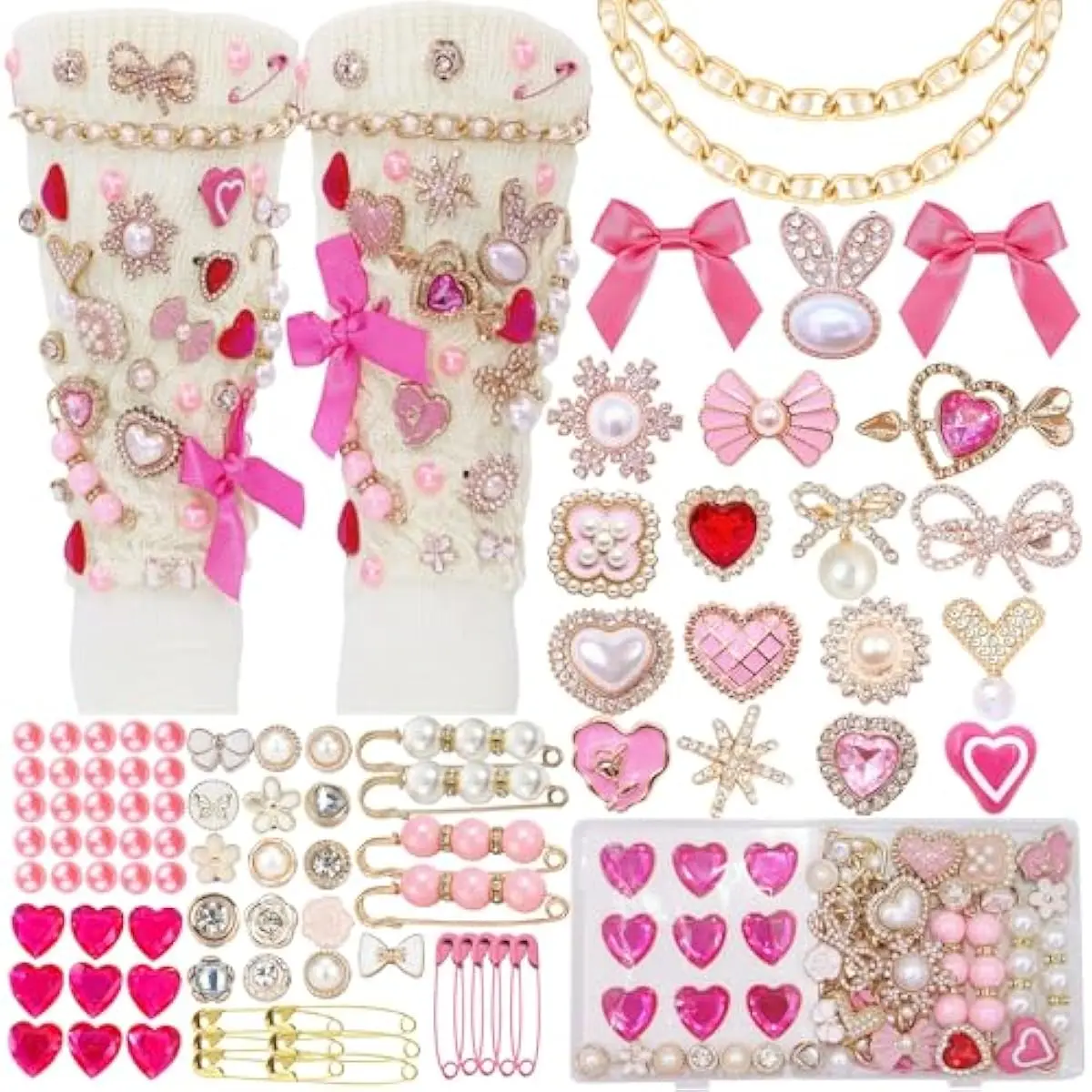 97Pcs Junk Socks Charms Kit, Brooches and Pins for Women, ShoeCharms with Bows,Shoe Charms for Sneakers,Sneakers DIY Kit with Pearls Rhinestones Chains,Cute DIY Accessories for Decorating and Personalizing Socks,Hat Clothes