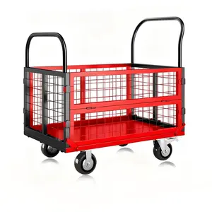Garvee 6 In 1 Foldable Platform Truck Cart with Cage, Heavy Duty Push Cart Dolly, 1800Lbs Capacity, Multipurpose Flatbed Hand Truck for Grocery, Laundry, Garage, Warehouse, Black and Red
