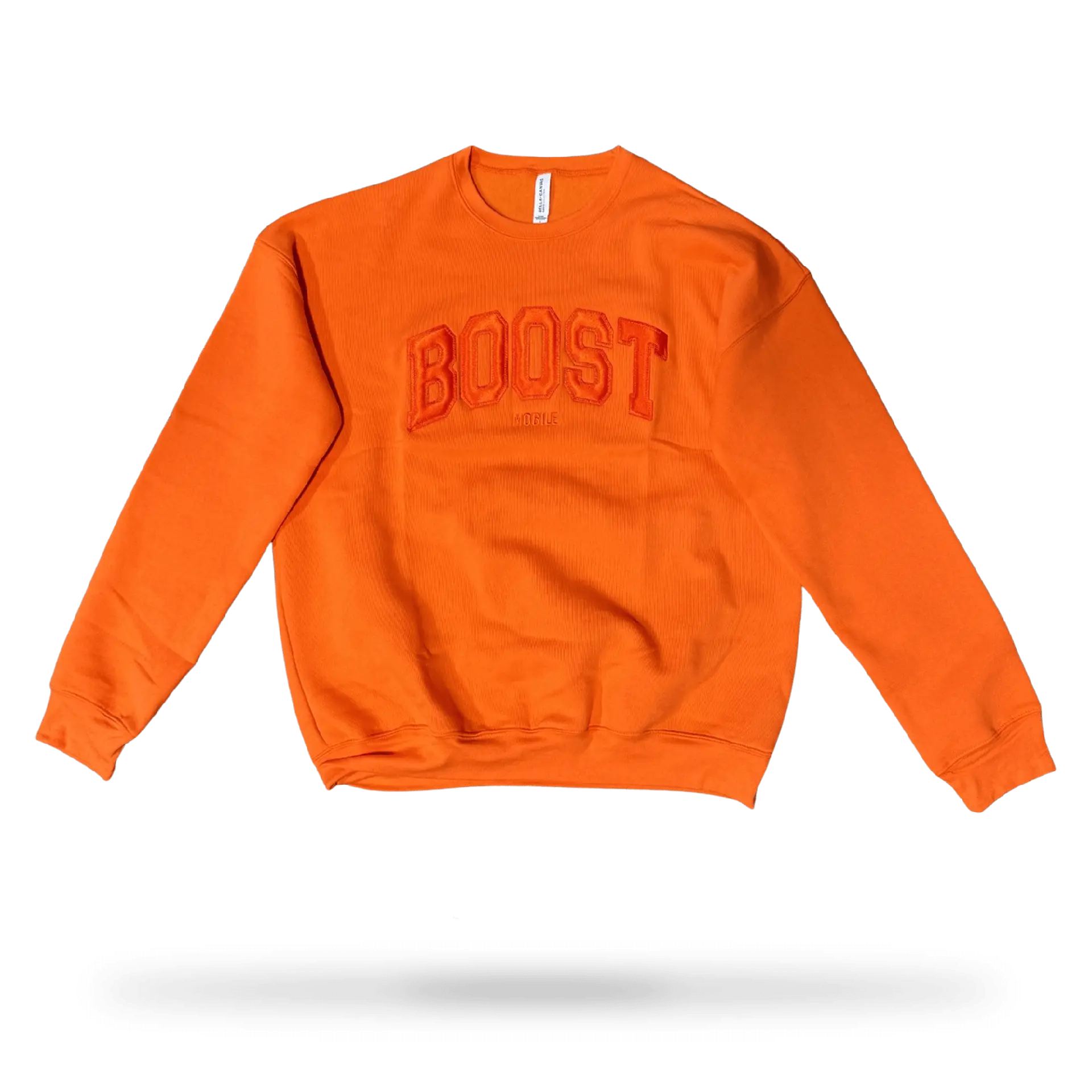 Men's Unisex Orange Crew Neck Long Sleeve Loose-Fitting Fleece Pullover - Casual Pull-On All Seasons Sweatshirt with Wireless Brand-Inspired Boost Mobile Patch Logo, No Extra Decorations
