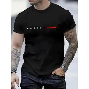Men's Fashion Paris Print T-Shirt - Casual Round Neck, Soft Polyester, Regular Fit Summer Top in Adult Sizes
