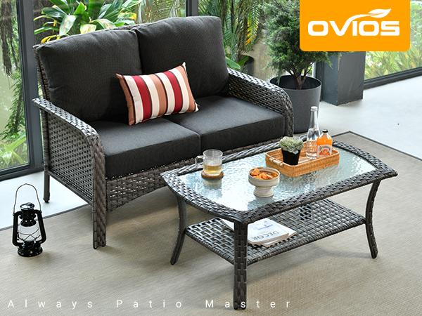 【2 Packages Shipping】Ovios 4 Pieces Patio Furniture Set, Outdoor Wicker Sofa with Coffee Table, Chairs, All Weather High Back Rattan Loveseat Couch with Comfy Cushions