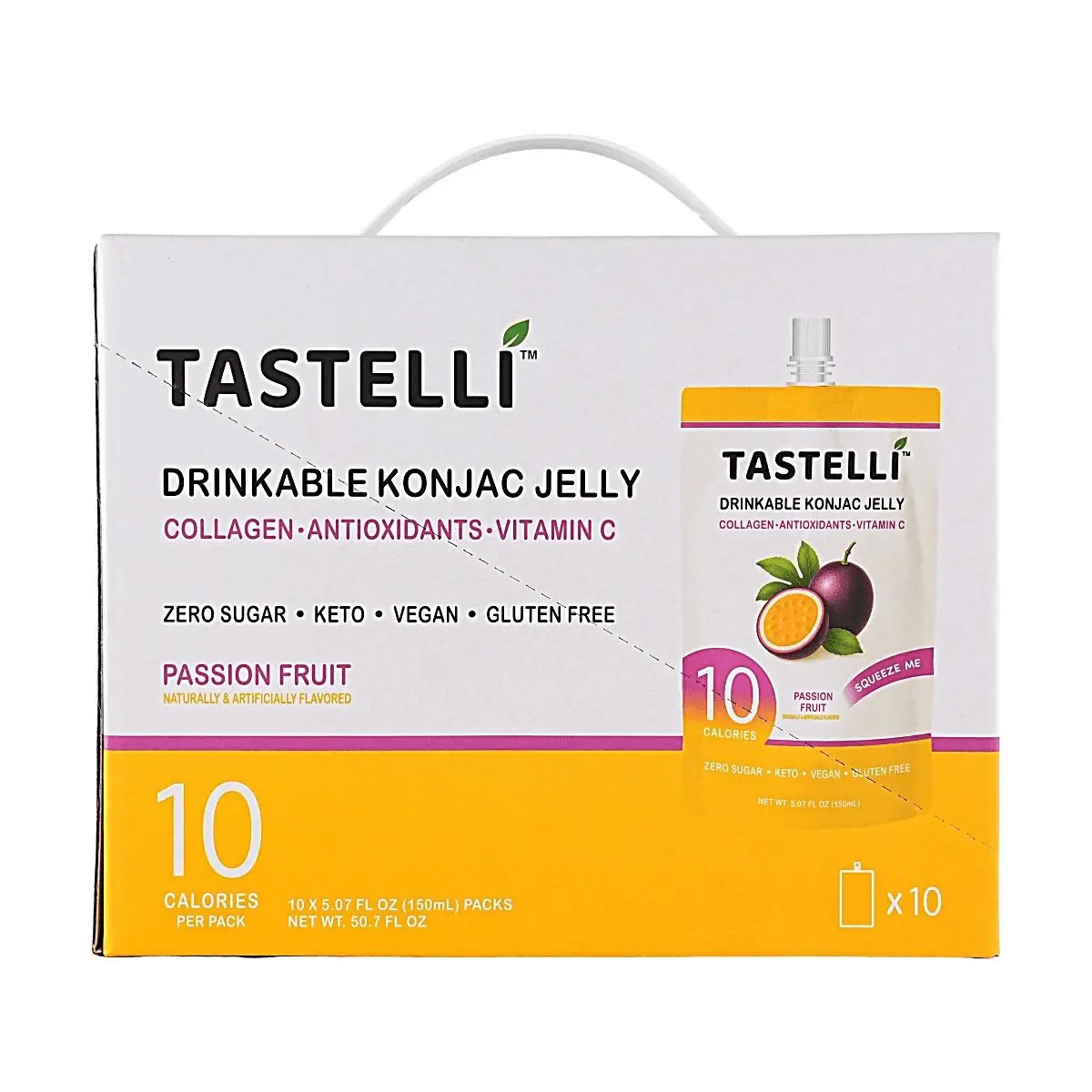 TASTELLI Konjac Jelly Drink Pouches - Passion Fruit Flavor, 0 Sugar, Low Calorie, Vegan, Gluten-Free, with Collagen & Vitamin C, 150ml x 10 Pack