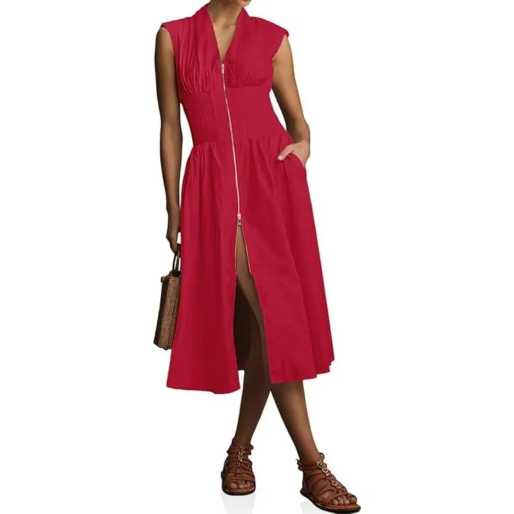 Wenrine Womens Summer Smocked Midi Dress Casual Zipper V Neck Cap Sleeve  High Slit Flowy Long Dresses - TikTok Shop