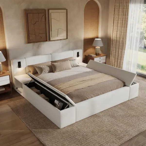 Bellemave Modern Bouclé Fluffy Cloud Queen Bed Frame - White Teddy Fleece Upholstered Sturdy LED Bedframe, Built-in Nightstands, Reading Lights, Massive Hidden Storage, Wood Slats, No Box Spring Needed (King Size Option Available), Fluffy Cloud Bed,sohoch