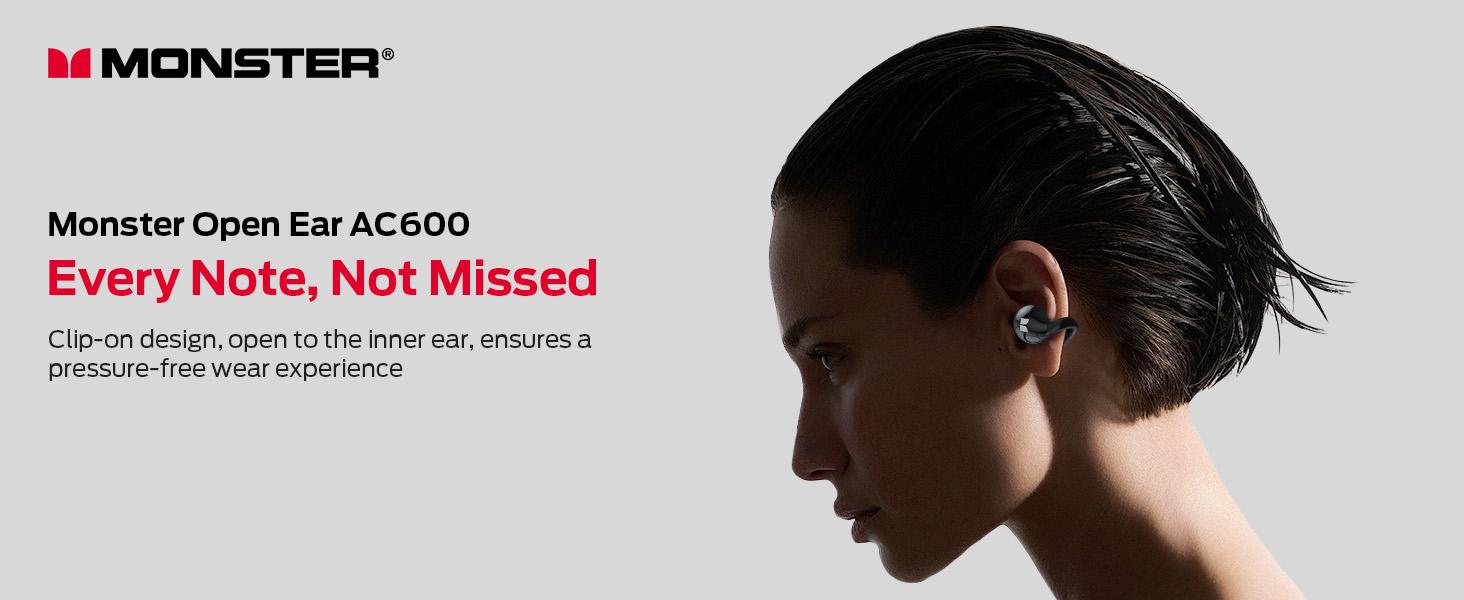 Monster Open Ear AC600 Headphones, Bluetooth 5.4 Wireless Earbuds with HiFi Stereo, Clip-On Earbuds with ENC Clear Call, 21H Playtime, Touch Control, IPX6 Waterproof Wireless Headphones for Sport