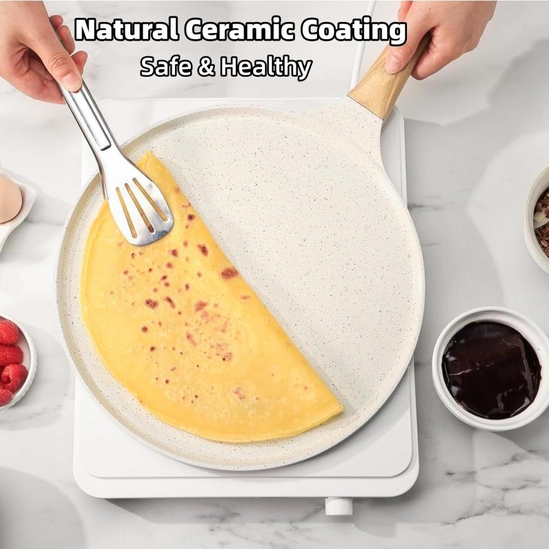 【AREL】Nonstick Crepe Pan with Spreader, 10-Inch Tortilla Pan with Detachable Handle, Ceramic Coating Pancake & Dosa Griddle, PFOA Free, Compatible with All Stoves & Induction (White)