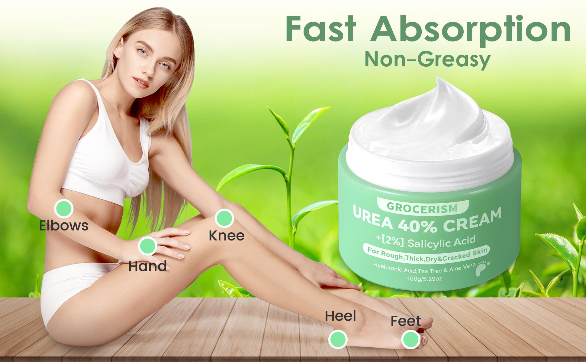 Grocerism Urea Cream 40% (2-Packs) + 2% Salicylic Acid – Max Strength Foot & Hand Cream with Hyaluronic Acid, Tea Tree & Aloe Vera – Deep Moisturizing, Callus Remover, Softens All Skin Types #Greenish