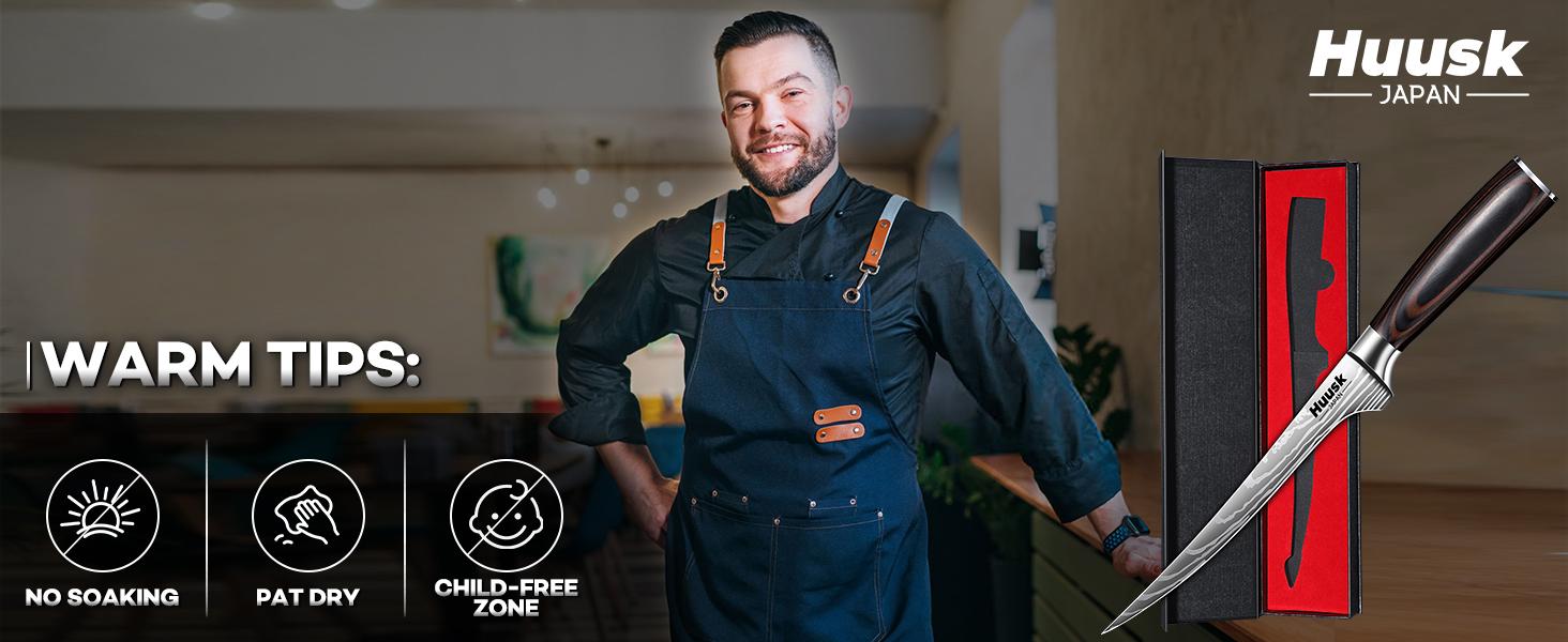 Huusk knives Filet Knife for Fish - 7 Inch Fish Fillet Knife with Wood Handle, Flexible Boning Knives for Meat Cutting, Professional Japanese Fishing Knives for Meat Poultry Cutting