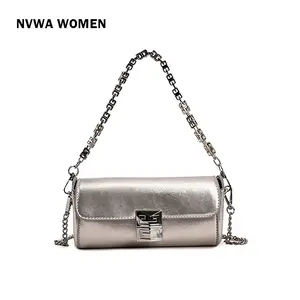 Aesthetic Silver Chain Bag for Women Y2K Style Metallic Mini Handbag 7.1 inch Phone Purse Trendy Designer Inspired Shoulder Bag for Date Night & Clubbing