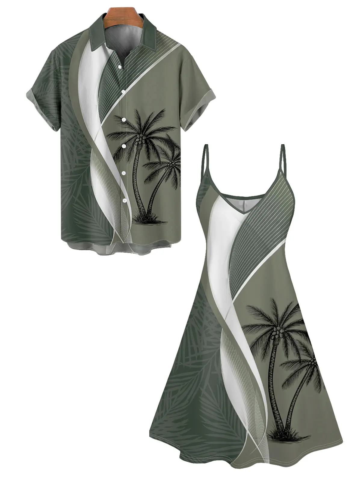 2026 Couple Set Colorblock Women's Coconut Tree Leaf Print Spaghetti Strap Vacation Dress And Men's Roll Up Sleeve Shirt Matching Outfit