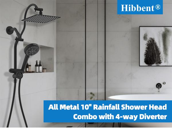 Hibbent Upgraded All Metal 10"Rainfall Showerhead Combo, High Pressure Shower Head with 10-Spray Mode Handheld, Innovative 4-way Diverter with Pause Mode, 71'' Shower Hose and Handheld Holder, Black