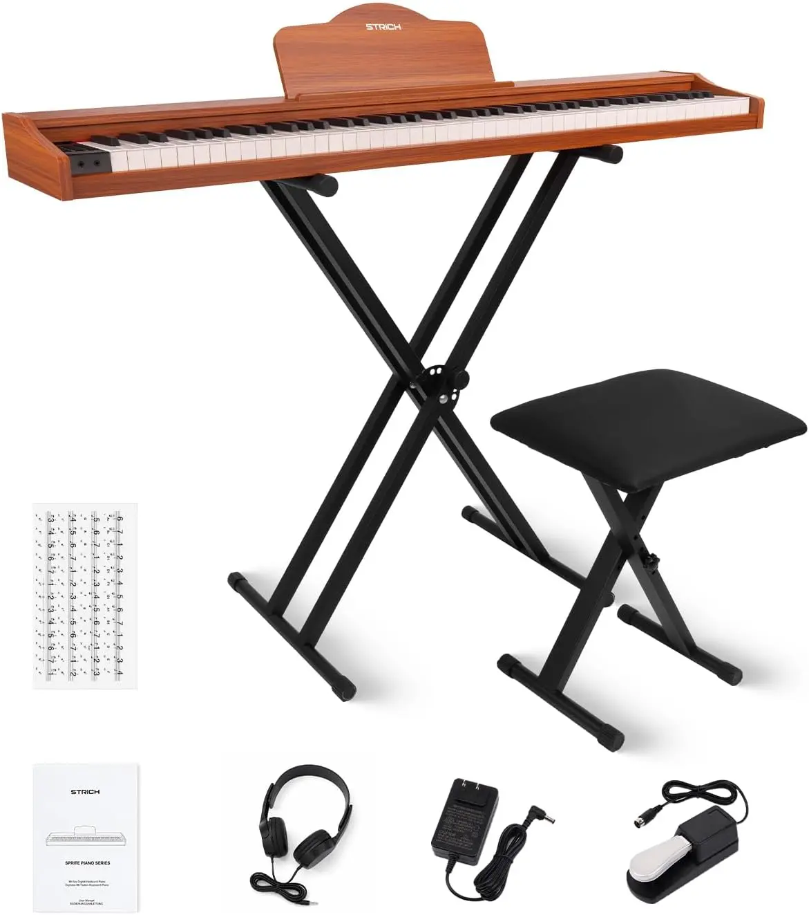 STRICH 88 Key Digital Piano Set, Full Size Velocity-Sensitive Keys, Electric Keyboard with Stand, Bench, Pedal, Headphones, Music Rest for Beginner, SPRITE-X(Color Mahogany)