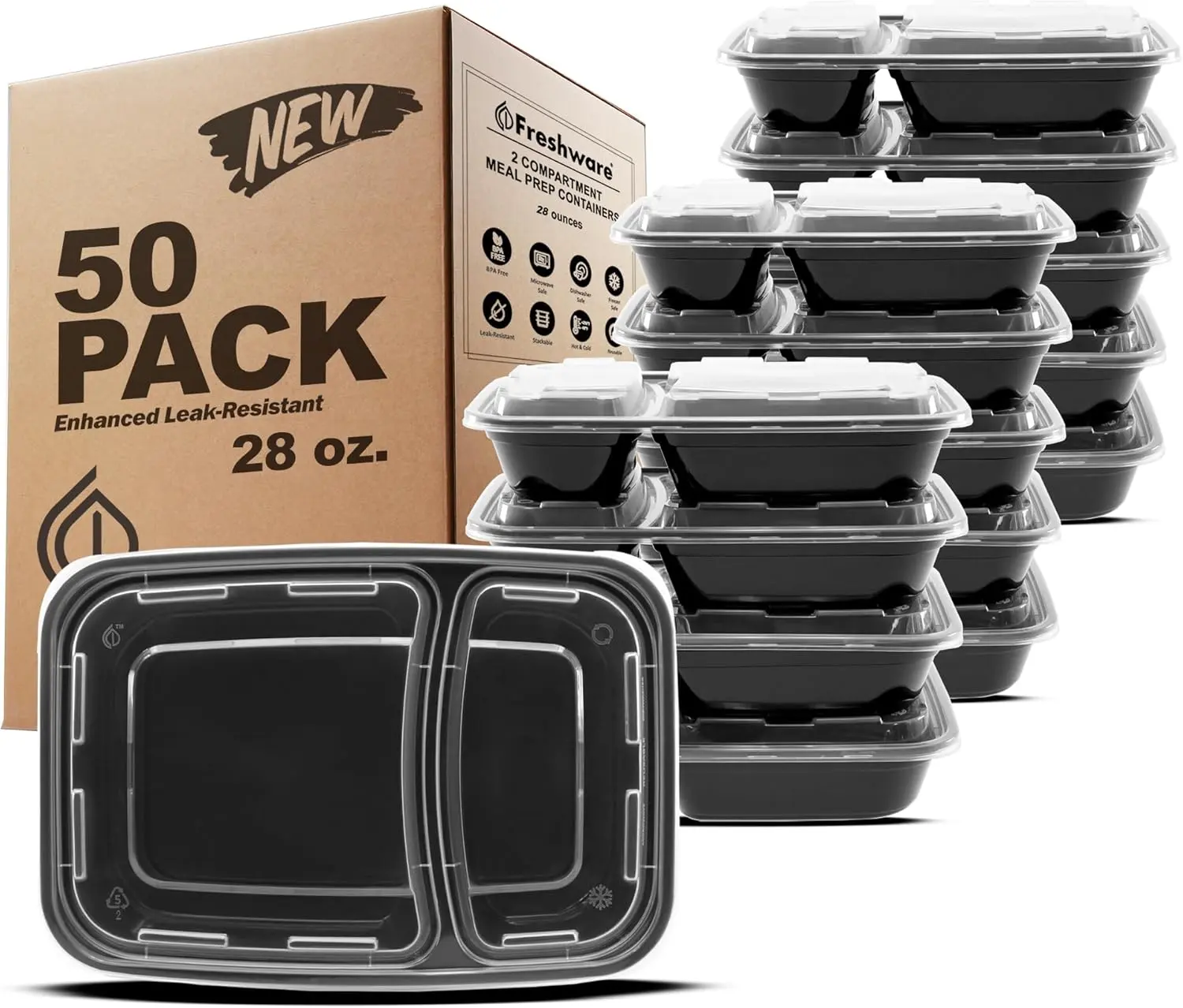 FRESHWARE 50-Pack 28oz Reusable 2-Compartment BPA-Free Heavy-Duty Plastic Food Containers with Lids - Stackable, Reheatable, Microwave/Dishwasher/Freezer-Safe, Resists Bending, Food-Grade Portion Control Containers for Meal Prep, Balanced Meals, Healthy M